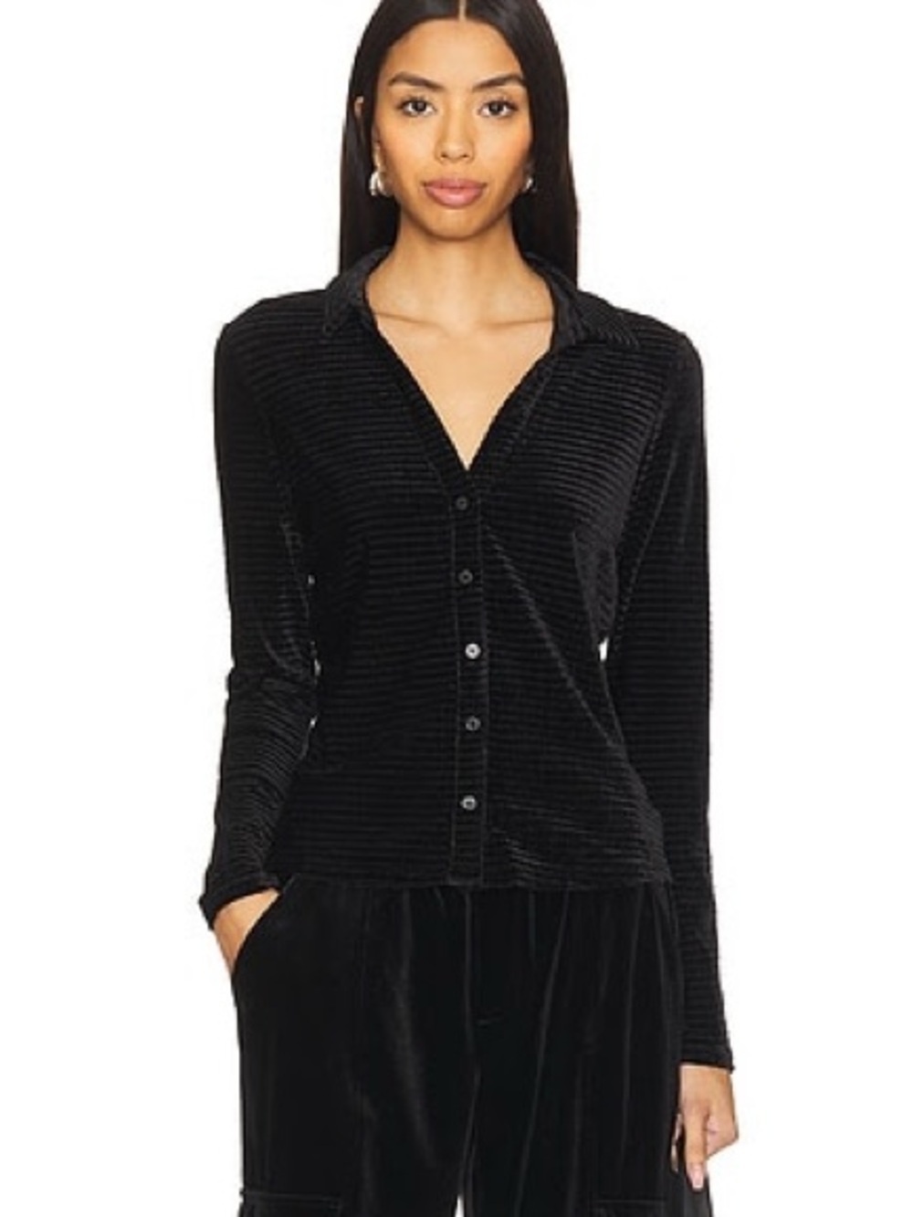 Sanctuary Black Ribbed Velvet Button-Down Shirt